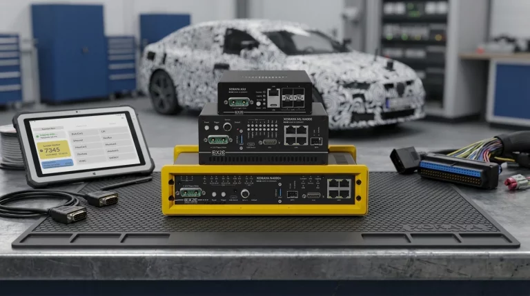 Fotorealistisches Rendering von XORAYA Automotive-Datenloggern auf einem Arbeitstisch in einer Automotive-Testumgebung. Im Hintergrund steht ein Testfahrzeug für Fahrzeugentwicklung und Validierung.
